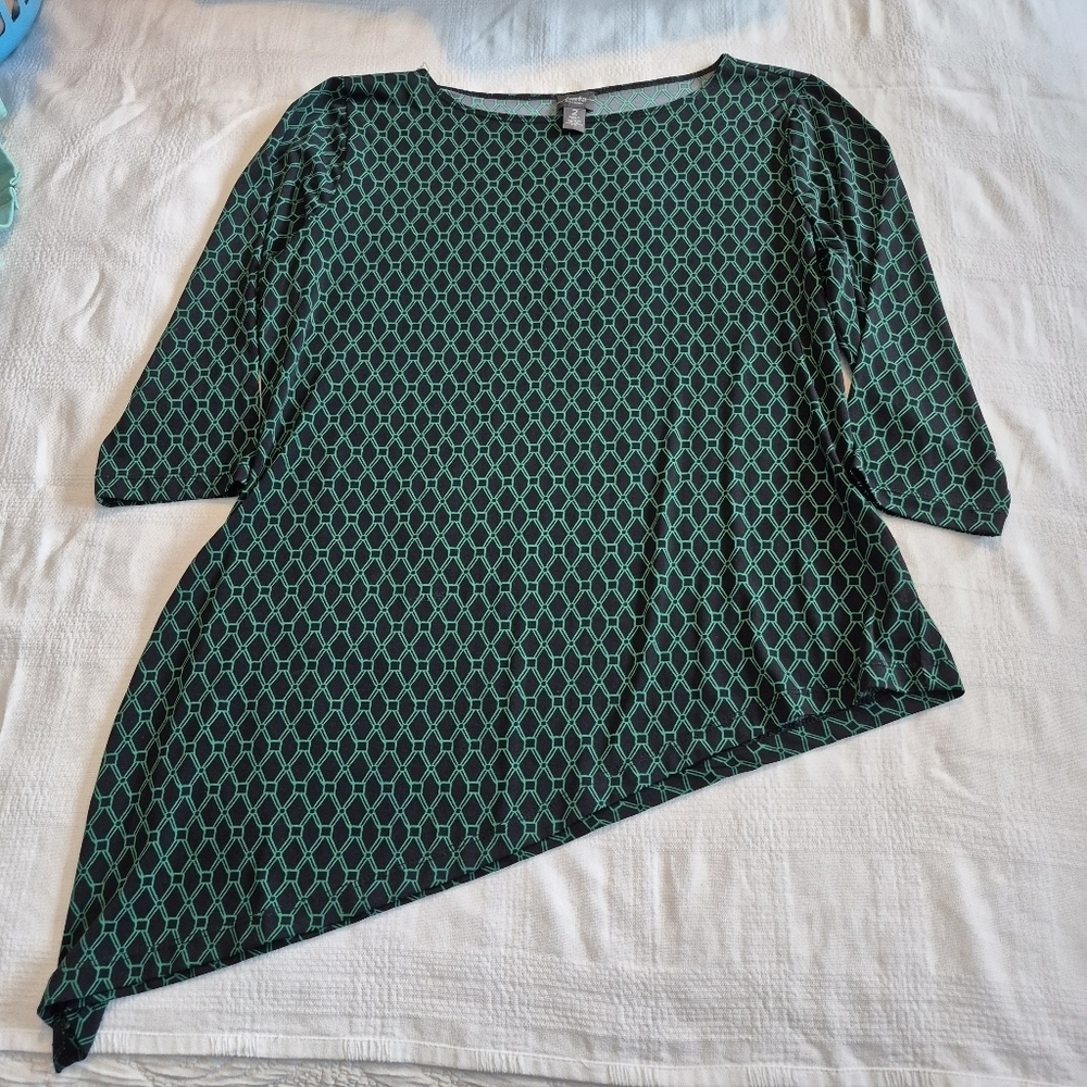 Chicos Asymmetrical Tunic Top Womens L Green Black Geometric Blouse EUC